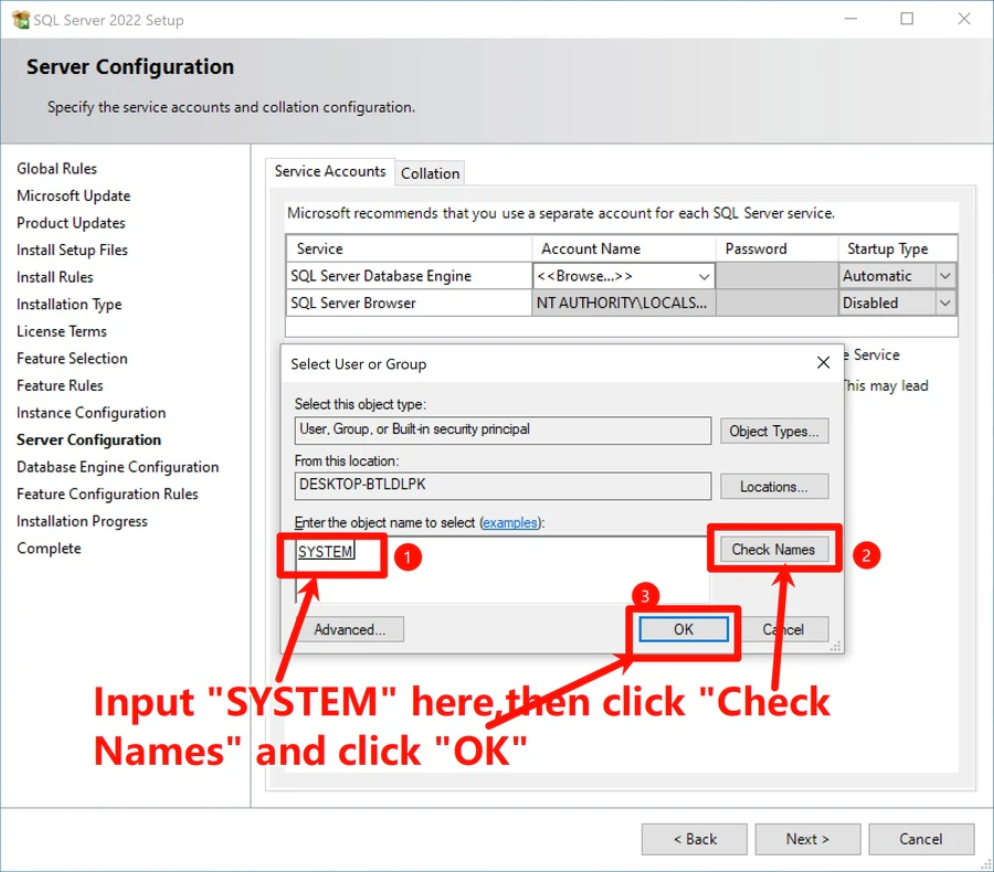 SQL Server installer: choose installation type