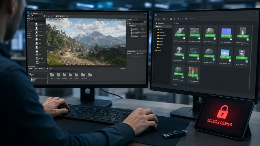 game developer workstation showing Unreal Engine project files protected by transparent encryption