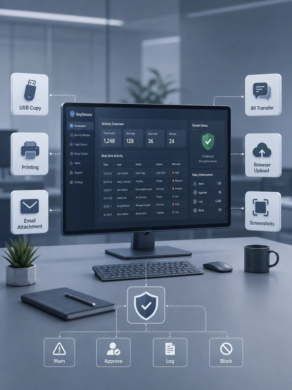 AnySecura monitors and controls everyday data exfiltration actions