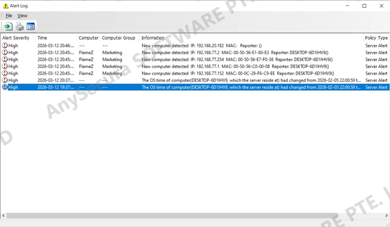 AnySecura Alert Messages interface