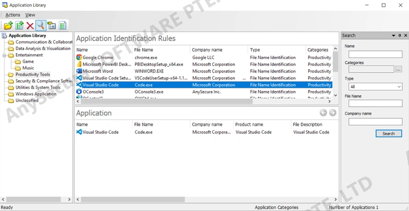 AnySecura Application Categories interface