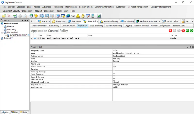 AnySecura Application Policies interface