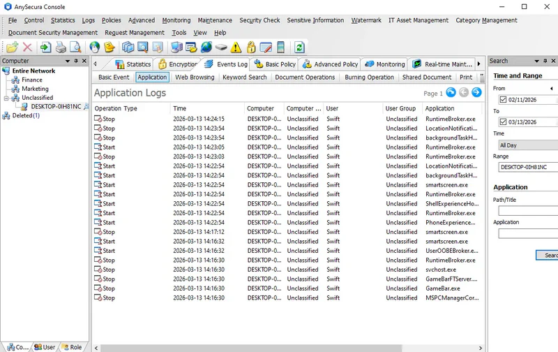 AnySecura Application Logs interface