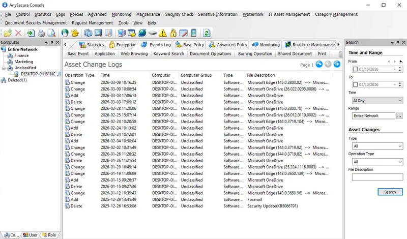 AnySecura Asset Change Log interface