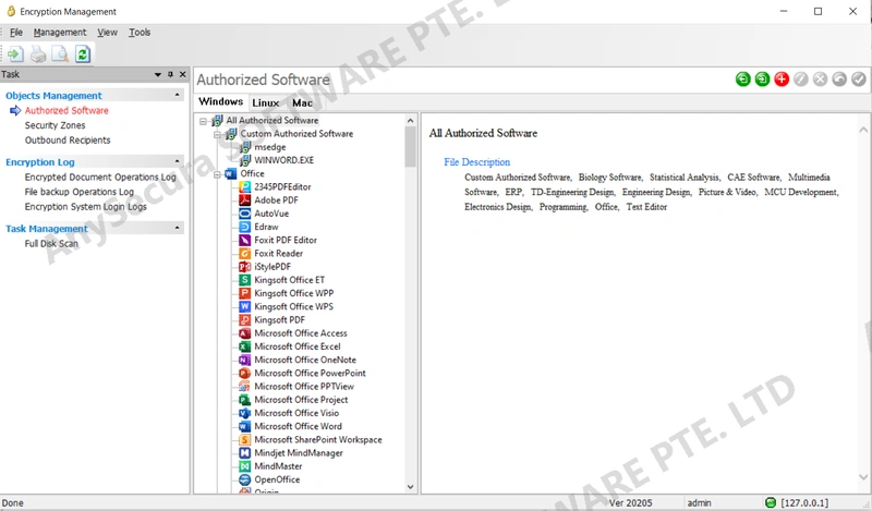 AnySecura Document Security Management: Authorized Software Management interface