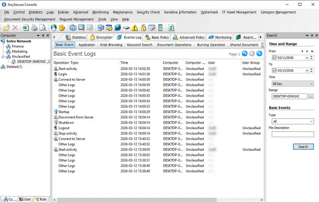 AnySecura Basic Event Logs interface