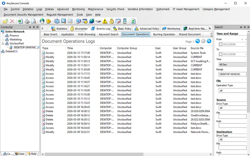 AnySecura Document Operation Logs interface