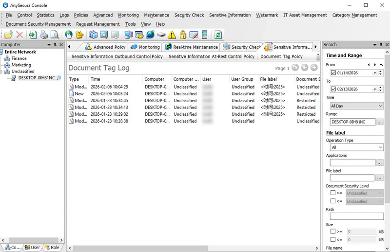 AnySecura Document Tag Logs interface