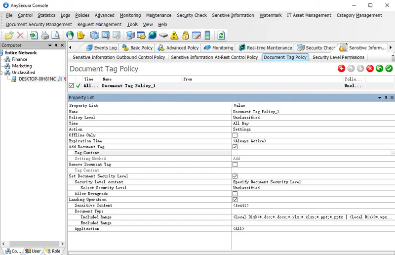 AnySecura Document Tagging Policy interface