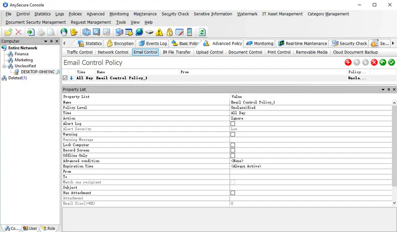 AnySecura Email Control Policy interface