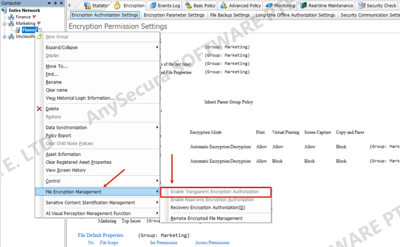 AnySecura Document Security Management: Enable/Disable Encryption Authorization interface
