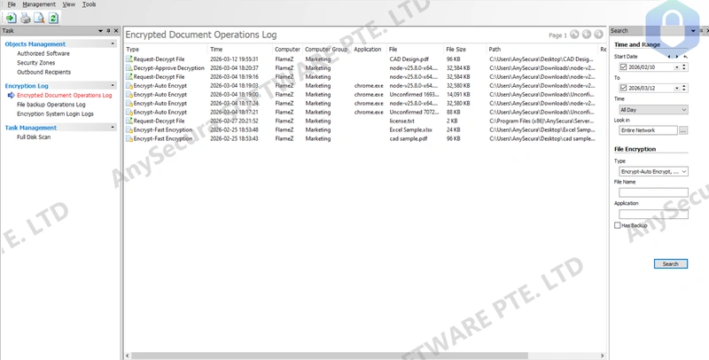 AnySecura Encrypted Document Operation Logs interface
