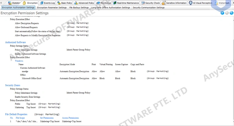AnySecura Document Security Management: Encryption Permission Settings interface