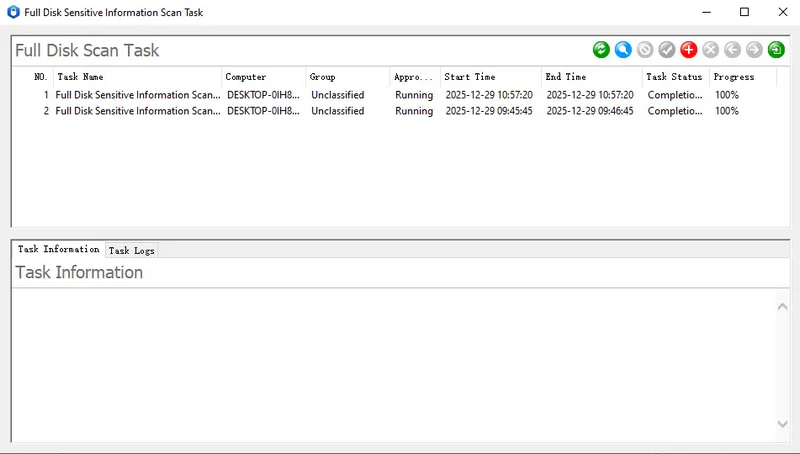 AnySecura Full-Disk Sensitive Information Scan Tasks interface