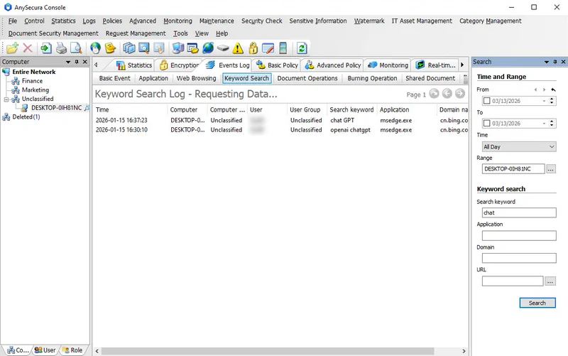 AnySecura Keyword Search Logs interface