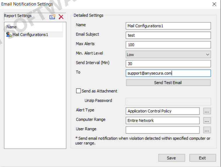 AnySecura Mail Report Settings interface
