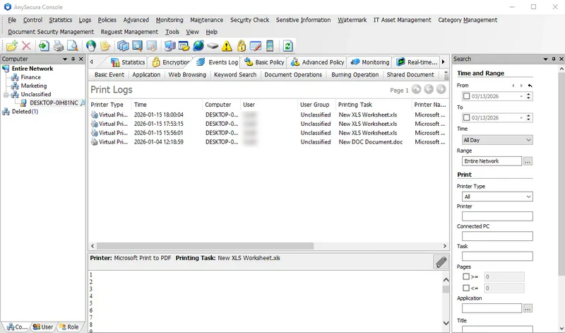 AnySecura Document Print Logs interface