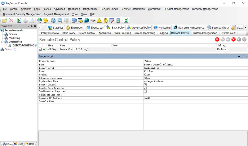 AnySecura Remote Control Policies interface