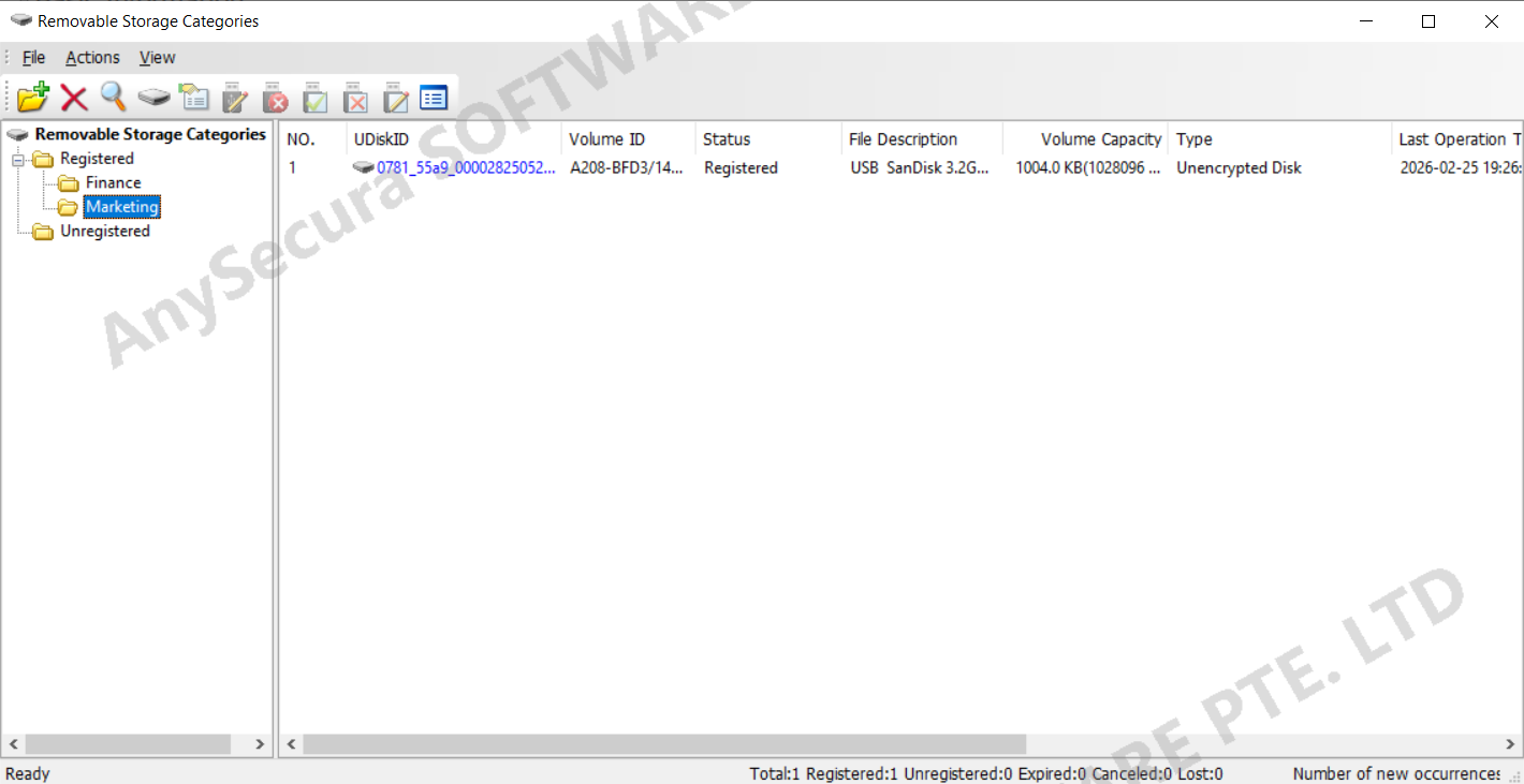 AnySecura Removable Storage Categories interface