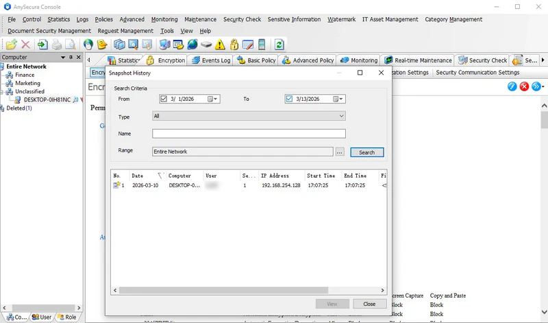 AnySecura Screen History Query interface