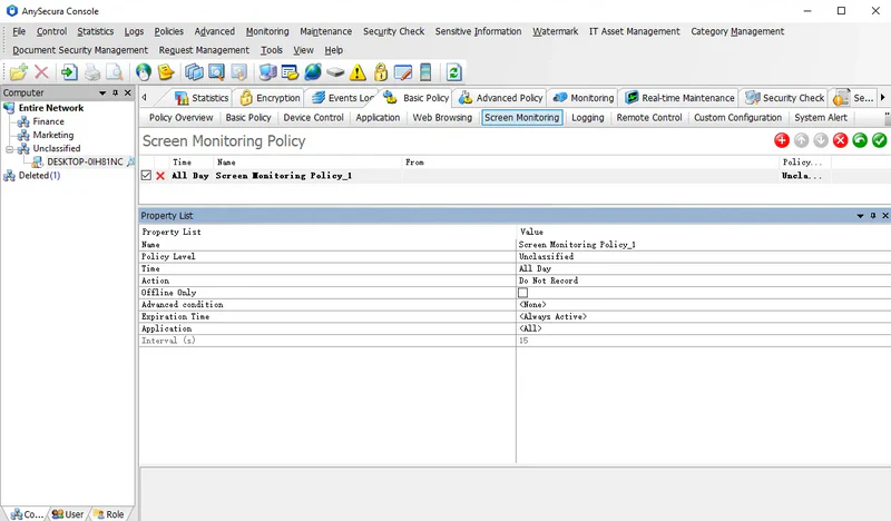 AnySecura Screen Recording Policies interface