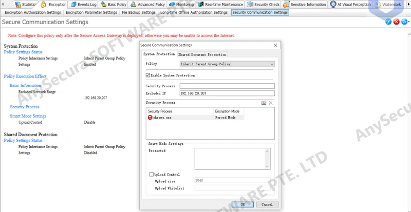 AnySecura Secure Communication Settings interface