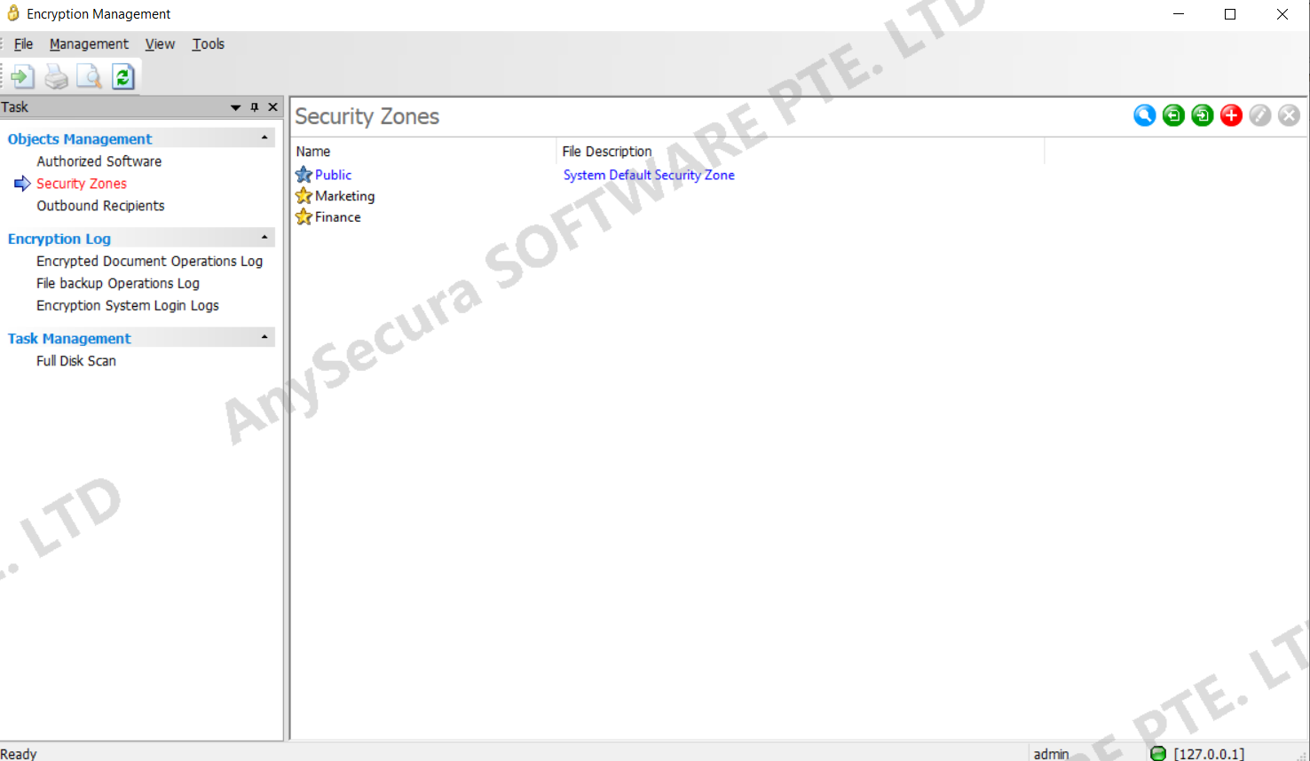 AnySecura Secure Zone Management interface