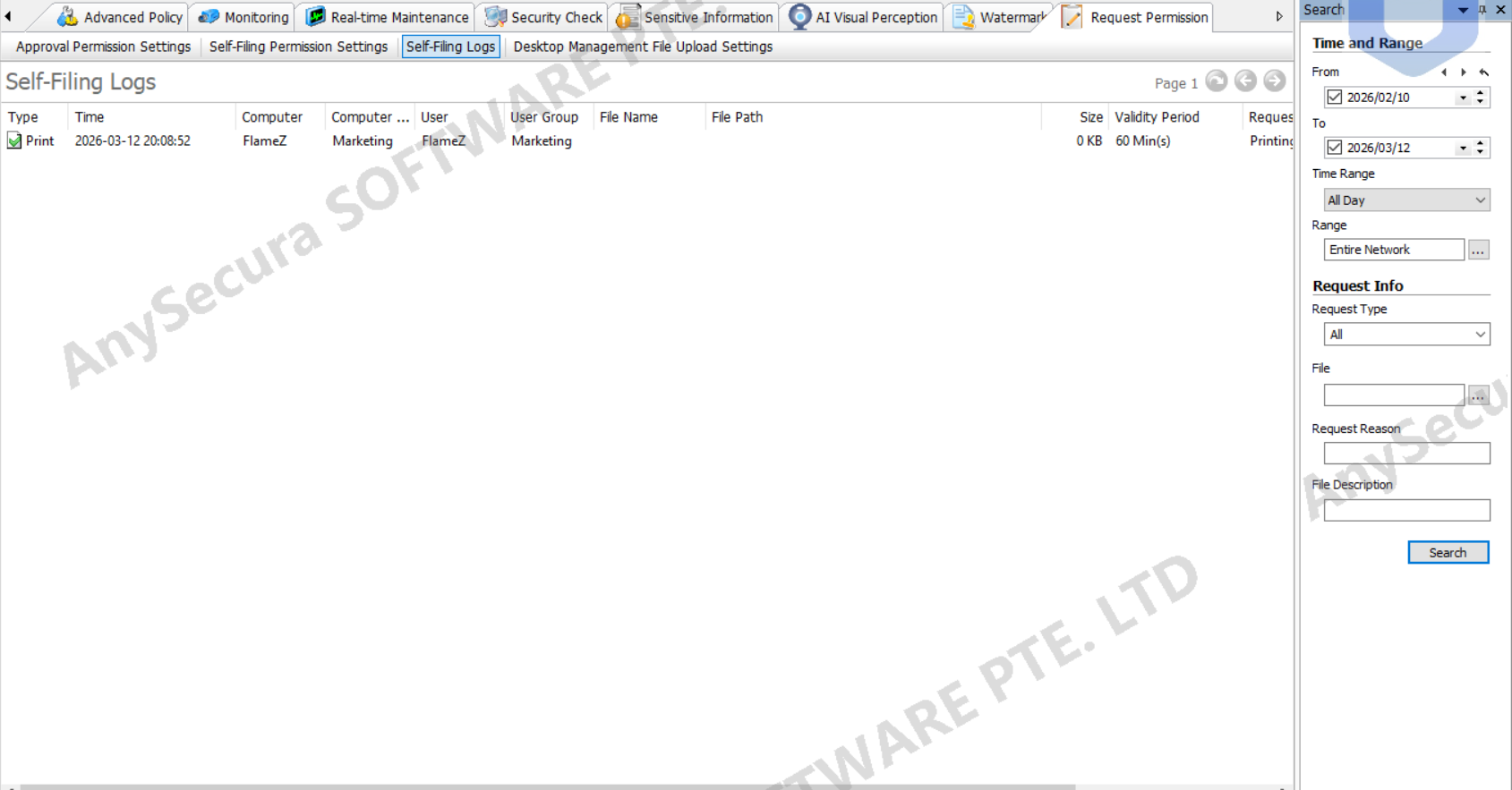 AnySecura Self-Record Logs interface