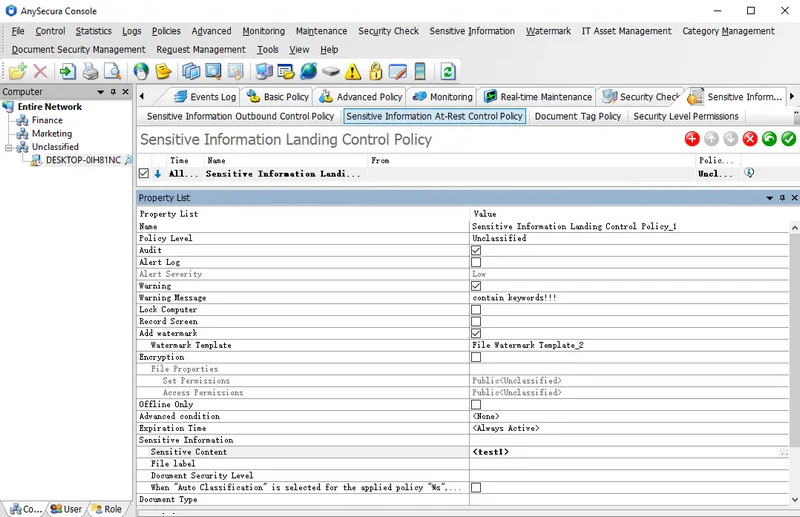 AnySecura Sensitive Information Landing Control Policy interface