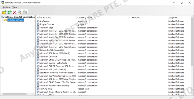 AnySecura Software Uninstallation Categories interface