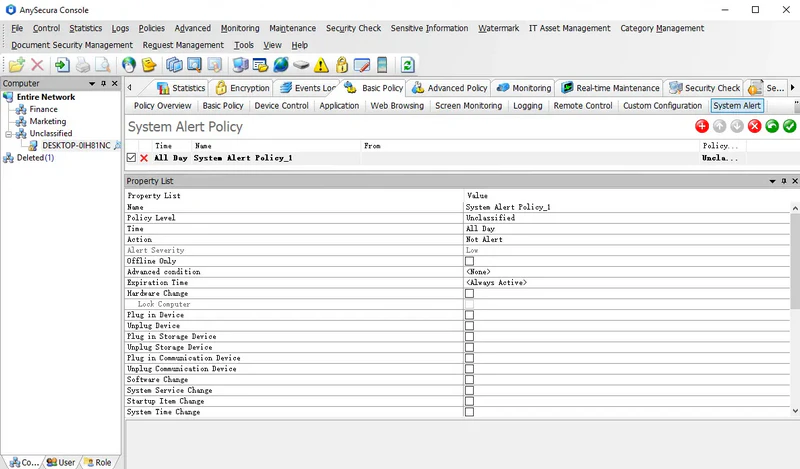AnySecura System Alert Policies interface