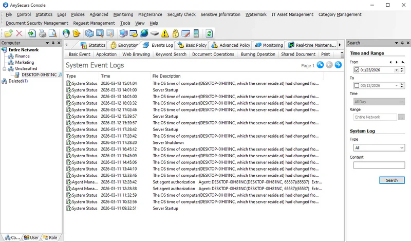 AnySecura System Event Logs interface