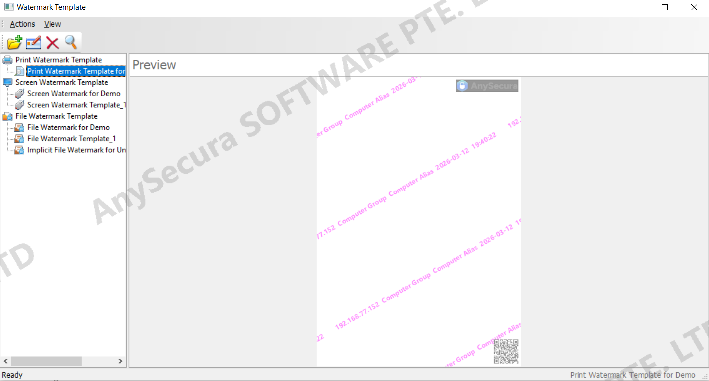 AnySecura Watermark Templates interface