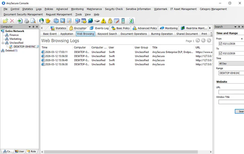 AnySecura Web Browsing Logs interface