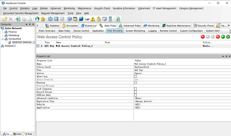 AnySecura Web Browsing Policies interface