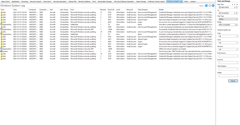 AnySecura Windows System Logs interface